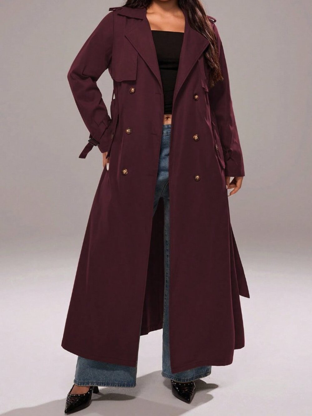Burgundy Elegant Women's Double-Breasted Lapel Long Sleeve Casual Windbreaker